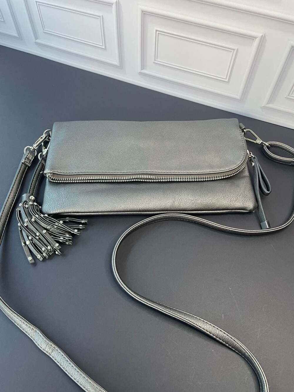 Charming Charlie Metallic Silver Foldover Crossbody Clutch with Tassel
